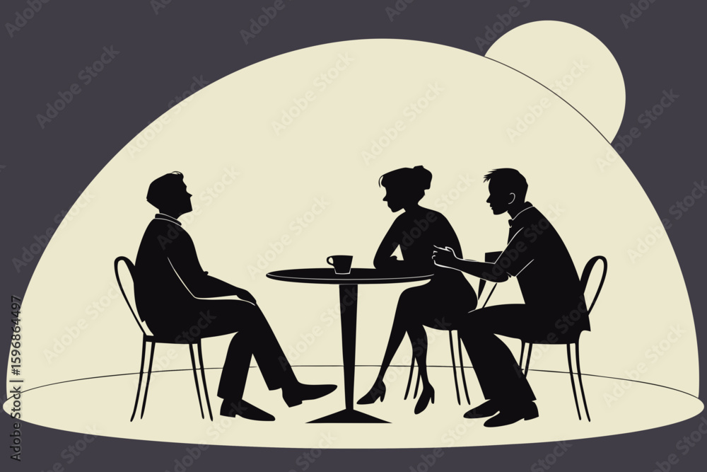 Poster silhouette of three people sitting at a table in a cafe under a spotlight having a conversation crea