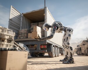 Autonomous Robot Unloads Cargo from Truck in Desert Setting showcasing advanced logistics and automation technology