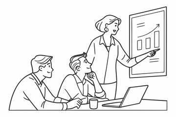 Woman presenting a growth chart to two men in a meeting with a laptop and coffee cup on the table created with generated ai