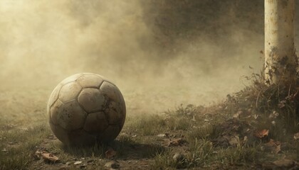 White soccer ball rests on brown ground with vibrant color contrasting earthy tones of dirt. Tall white pole stands right casting long shadow on ground. Dense green forest with trees, foliage