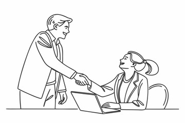 Line drawing of business people shaking hands over a laptop on a desk in an office setting illustration created with generated ai