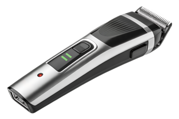 Silver and black cordless hair clipper isolated on a transparent background