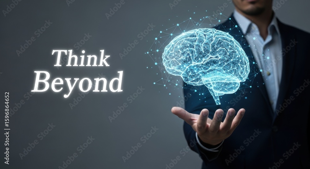 Aufkleber man holding glowing digital brain with text think beyond generative ai business cybersecurity 1
