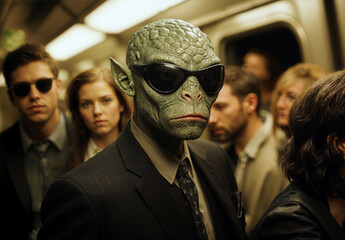 A humanoid reptilian figure with green, scaly skin and sunglasses stands in a crowded subway train. Wearing a sleek black suit and tie, the figure appears serious and composed, resembling a agent.