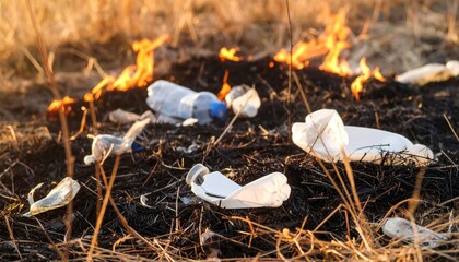Environmental Pollution with Plastic Waste and Fire in Nature Scene