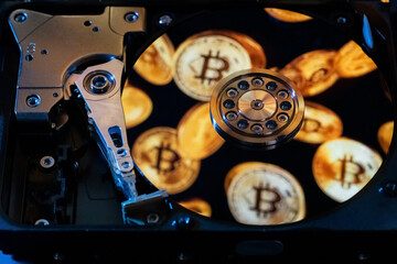 An open hard drive with reflections of gold Bitcoin coins on its surface