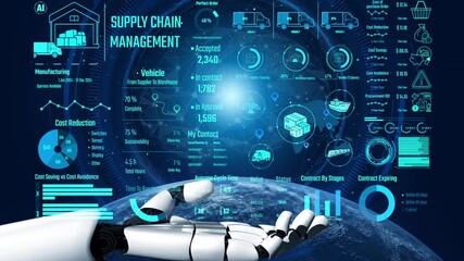 AI controls supply chain systems with virtual assistant monitoring, route optimization, and artificial intelligence for procurement, delivery, and warehouse tracking. Thunk