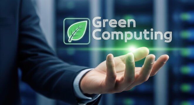 Man holding green computing text and leaf icon in server room business technology