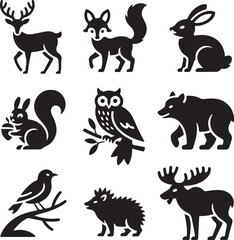 Fototapeta premium Forest, Animal, Icon, Set, Nature, Wildlife, Woodland, Creature, vector, silhouette