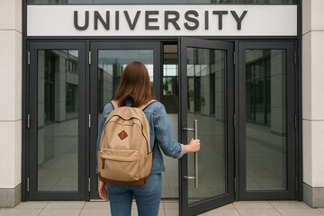 Female student with backpack entering university building on a sunny day. concept of education, academic life, college entrance