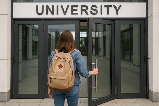 Female student with backpack entering university building on a sunny day. concept of education, academic life, college entrance