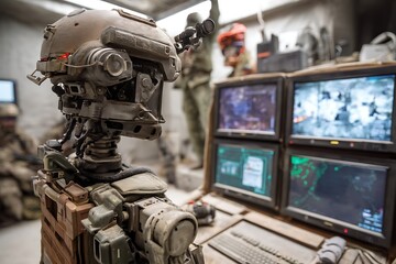 Futuristic Military Robot Monitoring Screens Displays Advanced Technology Warfare