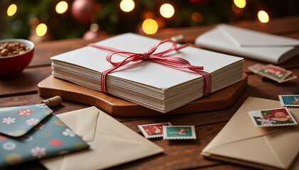Stacked blank Christmas cards tied with red ribbon on wooden table  