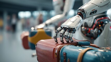 Futuristic robotic arm handling luggage at an airport terminal showcasing advanced automation in travel technology.
