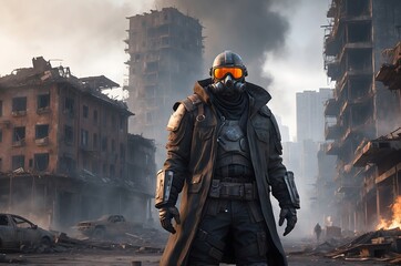 Post-apocalyptic man wearing a gas mask and long coat, standing against the backdrop of a ruined city in smoke and the light of the setting sun.