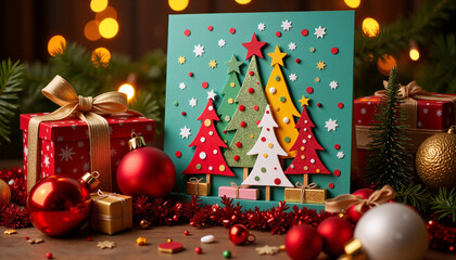 Christmas card with colorful decorations, presents, and festive background  