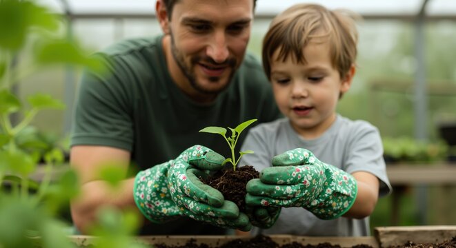 Father son green gloves protecting young plant greenhouse. Nurturing environmental stewardship family bonding concept. Sustainable farming education banner