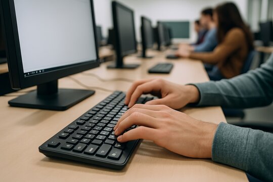 Hands typing on keyboard in classroom setting with multiple computer monitors. concept of education, learning environment, technology in school, classroom activity