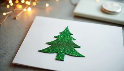Green glitter Christmas tree decoration on white card with lights  