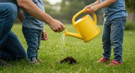 Parent child blue jeans yellow watering can plant together green grass lawn. Family bonding outdoor gardening environmental education concept. Teaching nature appreciation banner