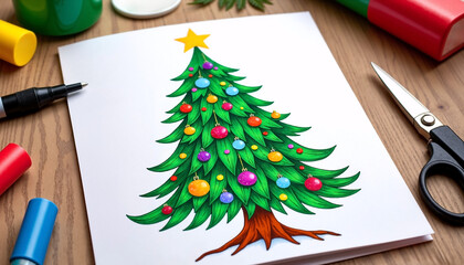 Colorful Christmas tree drawing surrounded by art supplies on table  