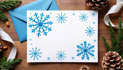 Snowflake designs on blank card with blue envelope on wooden table  