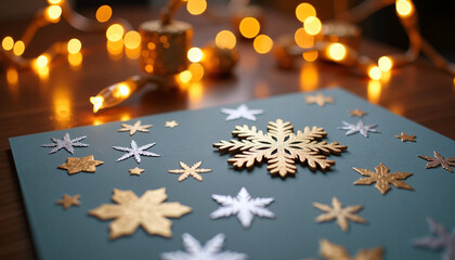 Decorative snowflakes on blue cardstock with warm fairy lights background concept of Christmas cards  
