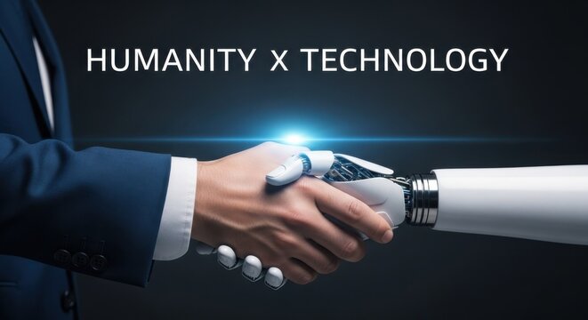 Man in blue suit shaking hands with white robot arm with blue light handshake human