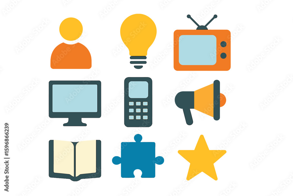 Poster a set of line-style web icons representing creativity and innovation, including symbols for creative