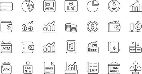 Minimalist Finance & Economy Icon Set Collection – Black & White Line Style

