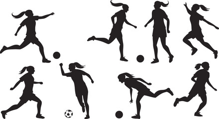 Female Soccer Player Silhouettes Vector Set, Action Poses with Ball