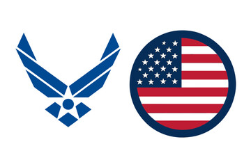 Vector editorial illustration of USA Department emblem icons, including United States Army mark, Air Force seal, and Coast Guard logo set