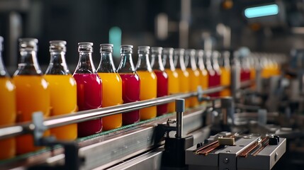 Conveyor Belt of Glass Bottles Filled with Orange and Red Juice in a Modern Factory Setting
