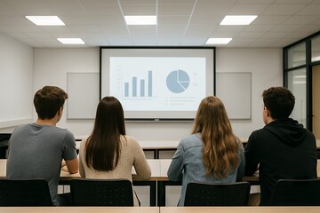 Group of students watching presentation in classroom with projector screen displaying charts and graphs. concept of education, learning environment, academic presentation
