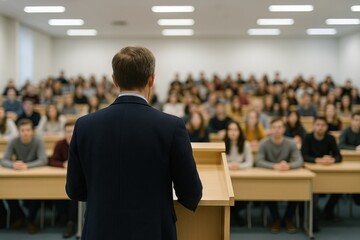 Male lecturer speaking to a large audience in a university lecture hall. concept of education, academic seminar, public speaking in higher learning environment
