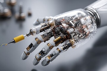 Futuristic robotic hand holding a stylus precision technology innovation automation artificial intelligence cybernetic