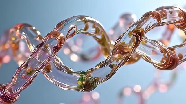 In a captivating interplay of colors, a transparent molecule twisting like braided silk ribbon moves fluidly, its vibrant chartreuse and magenta shades harmonizing beautifully with a