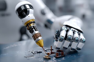 Advanced robotic arm precisely assembling microchip components automation technology future innovation industry