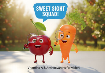 Sweet sight squad of animated cherry and carrot with speech bubble and text