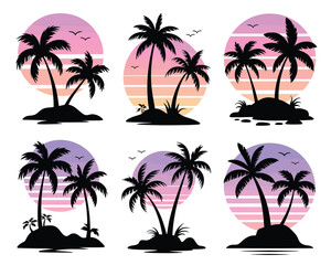 sunset island silhouettes featuring palm trees birds, tropical vibes