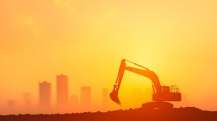 Excavator silhouette against a fiery sunset sky with city skyline