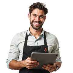 Young male cafe entrepreneur smiling holding tablet isolated on transparent background