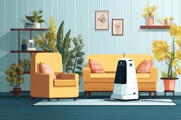 Smart Home Robot Vacuum Cleaner Cleaning Modern Living Room with Yellow Furniture and Plants