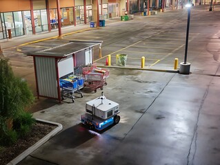 Autonomous Delivery Robot Navigating Empty Nighttime Parking Lot near Store