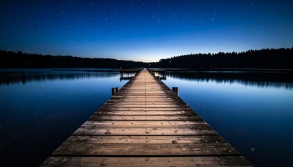Fototapeta premium Serene lake dock at night under starry sky