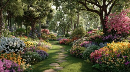 Obraz premium Sunlit Garden Path Lush Blooms Colorful Flowers Stone Walkway,