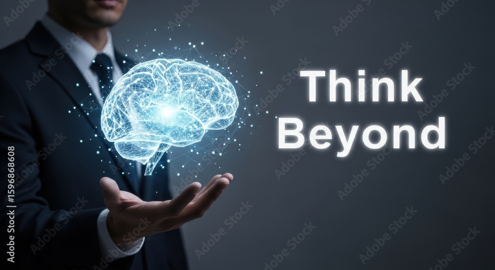 Aufkleber man in suit holding glowing digital brain with text think beyond generative ai business cybersecurit