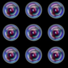 Colorful abstract circles arranged in a 3x3 grid on black background  