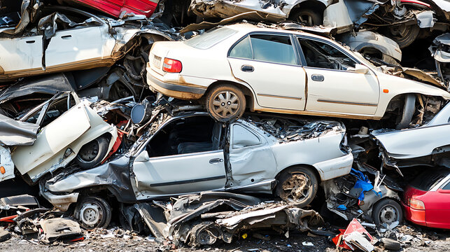 Fototapeta Pile of crushed vehicles, salvaged metals, and a vision of waste. Reminder that automobile ownership creates an environmental problem.
