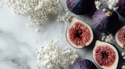 Figs and white flowers on marble background still life